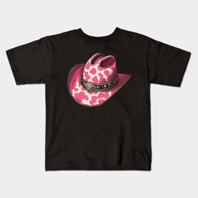 Pink cow print cowboy hat Kids T-Shirt by PinScher